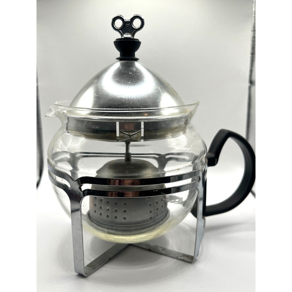 Vintage Retro Clear Glass Loose Tea Steeper Pot with Pull Up Infuser Chrome Lid